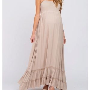 Beige Halter Neck Cut Out Maternity Maxi Dress